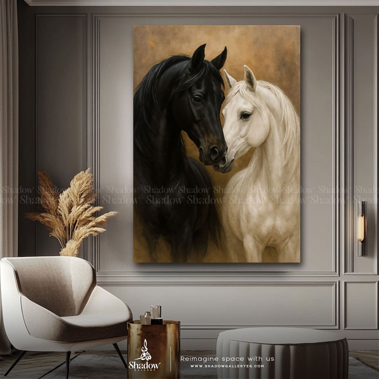BLACK &amp; WHITE HORSES Duo Wall Frame – styled in a modern room setting