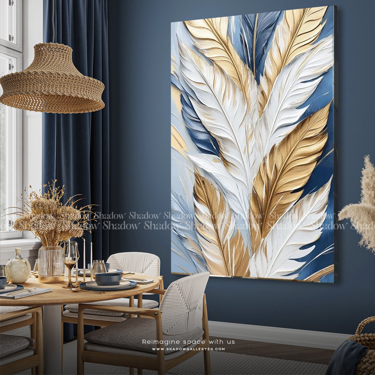 Feather Texture Wall Art: Golden Blue – styled in a modern room setting