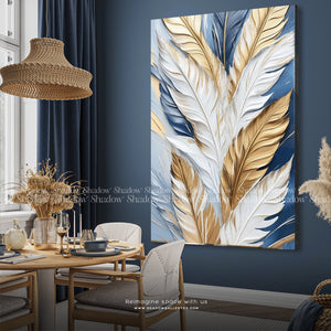 Feather Texture Wall Art: Golden Blue – styled in a modern room setting