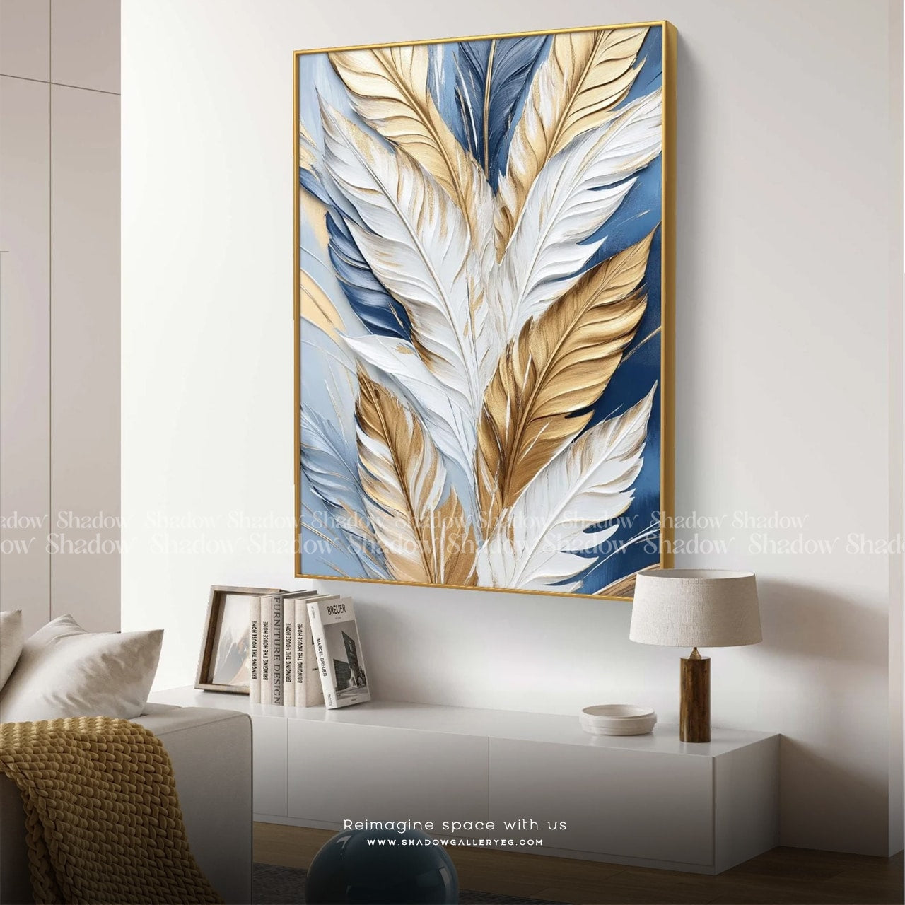 Feather Texture Wall Art: Golden Blue – premium framed canvas wall art