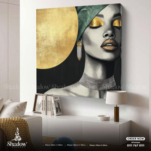 Gold Accent Woman Portrait – close-up detail of frame and canvas texture