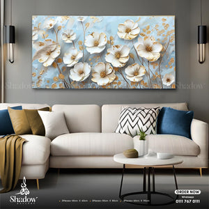 Elegant Blossoms: White Flowers on Blue Canvas – premium framed canvas wall art