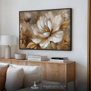 Floral Art Print, Large Beige Flower – styled in a modern room setting