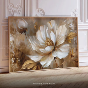 Floral Art Print, Large Beige Flower – styled in a modern room setting