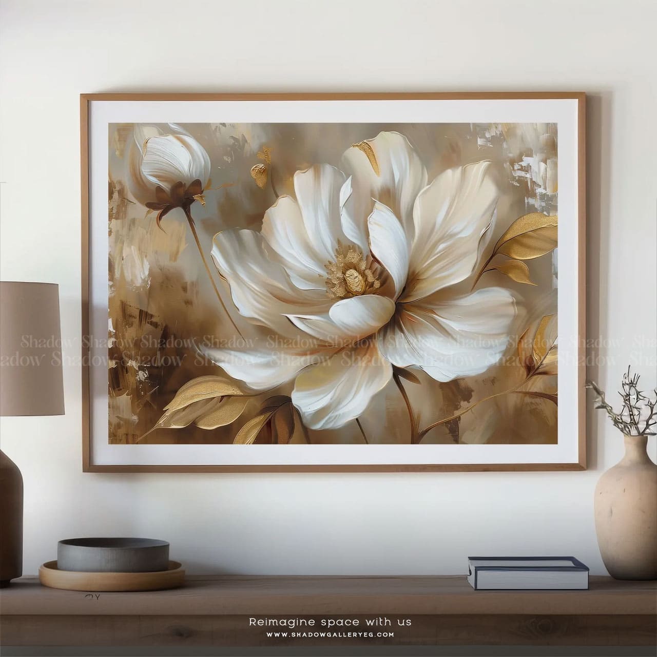 Floral Art Print, Large Beige Flower – close-up detail of frame and canvas texture