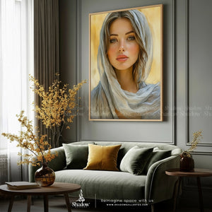 Abstract Woman Yellow and White Beautiful Face – styled in a modern room setting