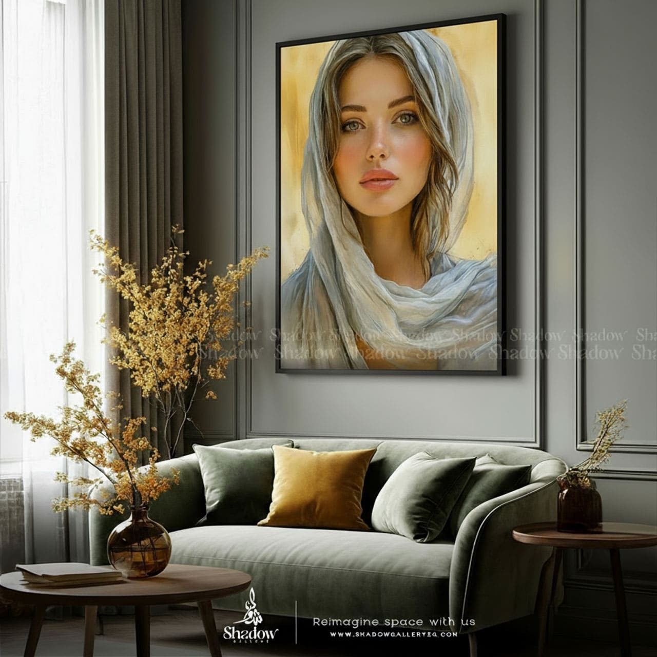 Abstract Woman Yellow and White Beautiful Face – close-up detail of frame and canvas texture