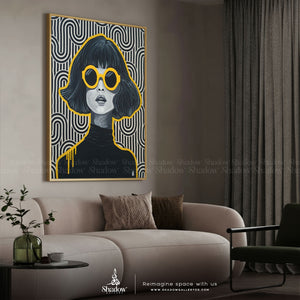 Black &amp; Yellow Lines Abstract Girl With Glasses Wall Art – premium framed canvas wall art