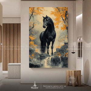 Majestic Black Horse Wall Frame – close-up detail of frame and canvas texture