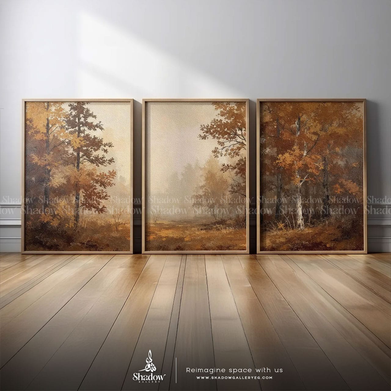 Rustic Sepia Forest Wall Art Set of 3 – styled in a modern room setting