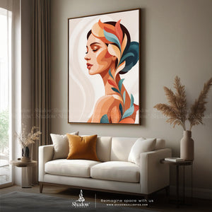 Abstract Of A Woman With Colorful Leaves – premium framed canvas wall art