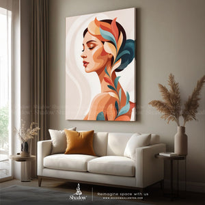 Abstract Of A Woman With Colorful Leaves – styled in a modern room setting