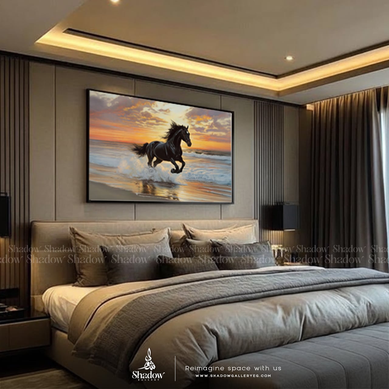 Black Stallion Beach Print: Equestrian Landscape Art – premium framed canvas wall art