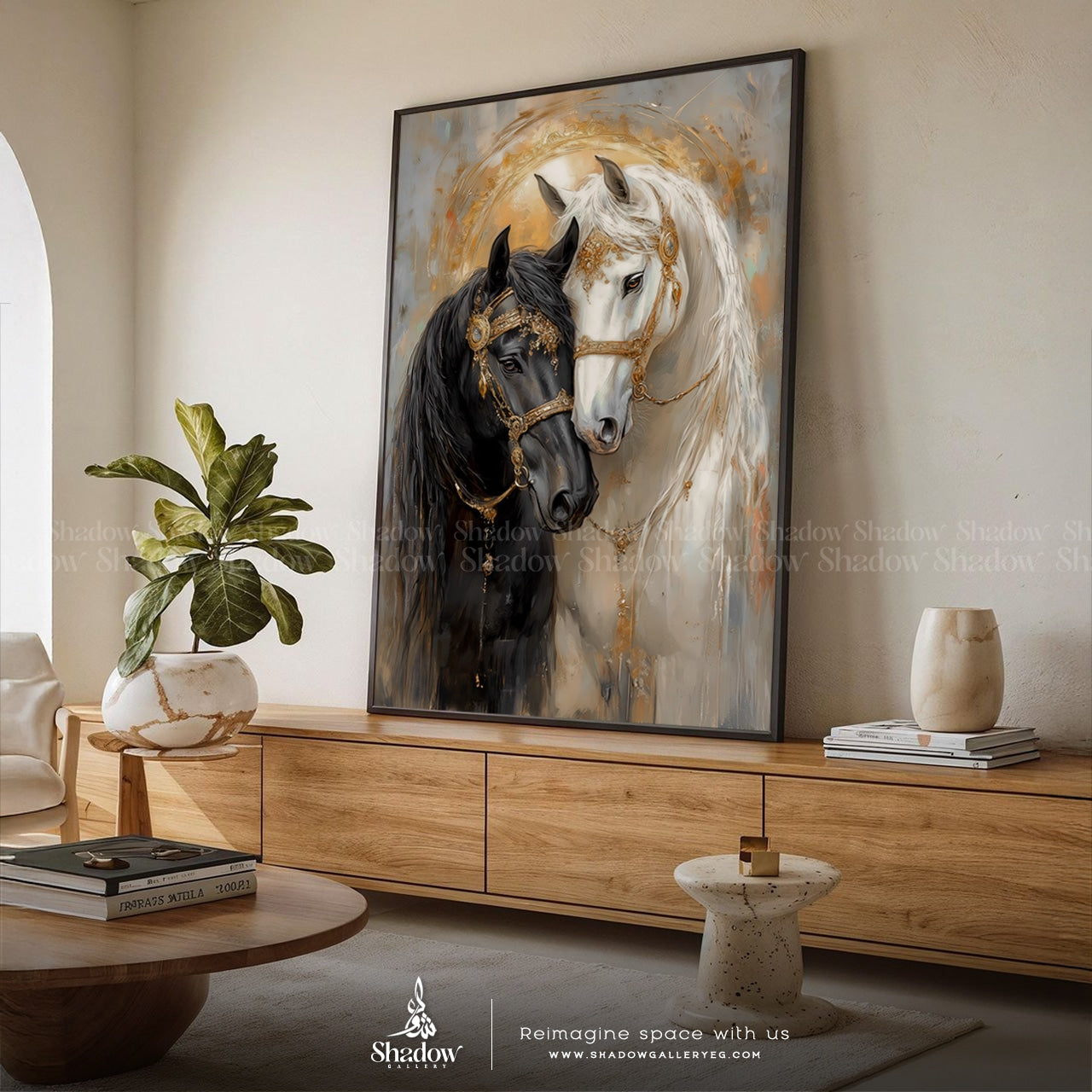 Black and White Horses Canvas, – close-up detail of frame and canvas texture