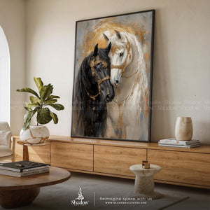 Black and White Horses Canvas, – close-up detail of frame and canvas texture