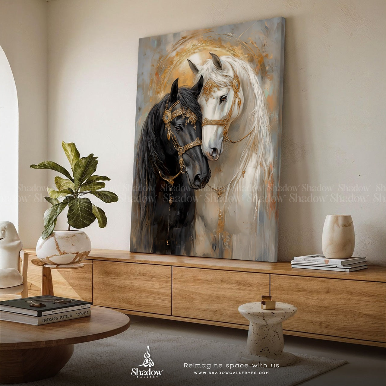 Black and White Horses Canvas, – styled in a modern room setting