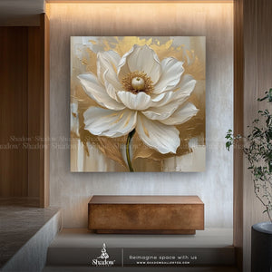 Gold and Off white Minimalist Square Floral Art – close-up detail of frame and canvas texture