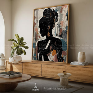 Black Abstract Woman Abstract – styled in a modern room setting
