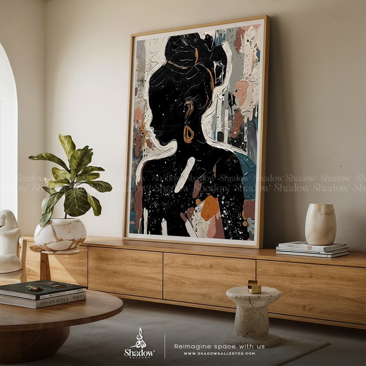 Black Abstract Woman Abstract – styled in a modern room setting
