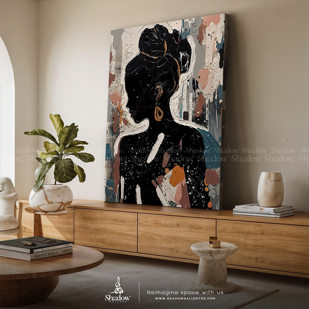 Black Abstract Woman Abstract – styled in a modern room setting