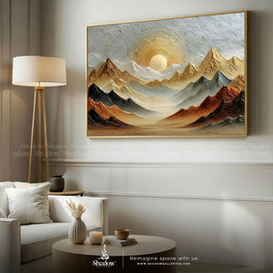 Sunset &amp; Mountains Gold Abstract Wall Art – styled in a modern room setting