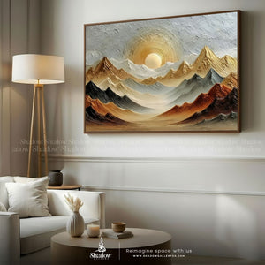 Sunset &amp; Mountains Gold Abstract Wall Art – styled in a modern room setting