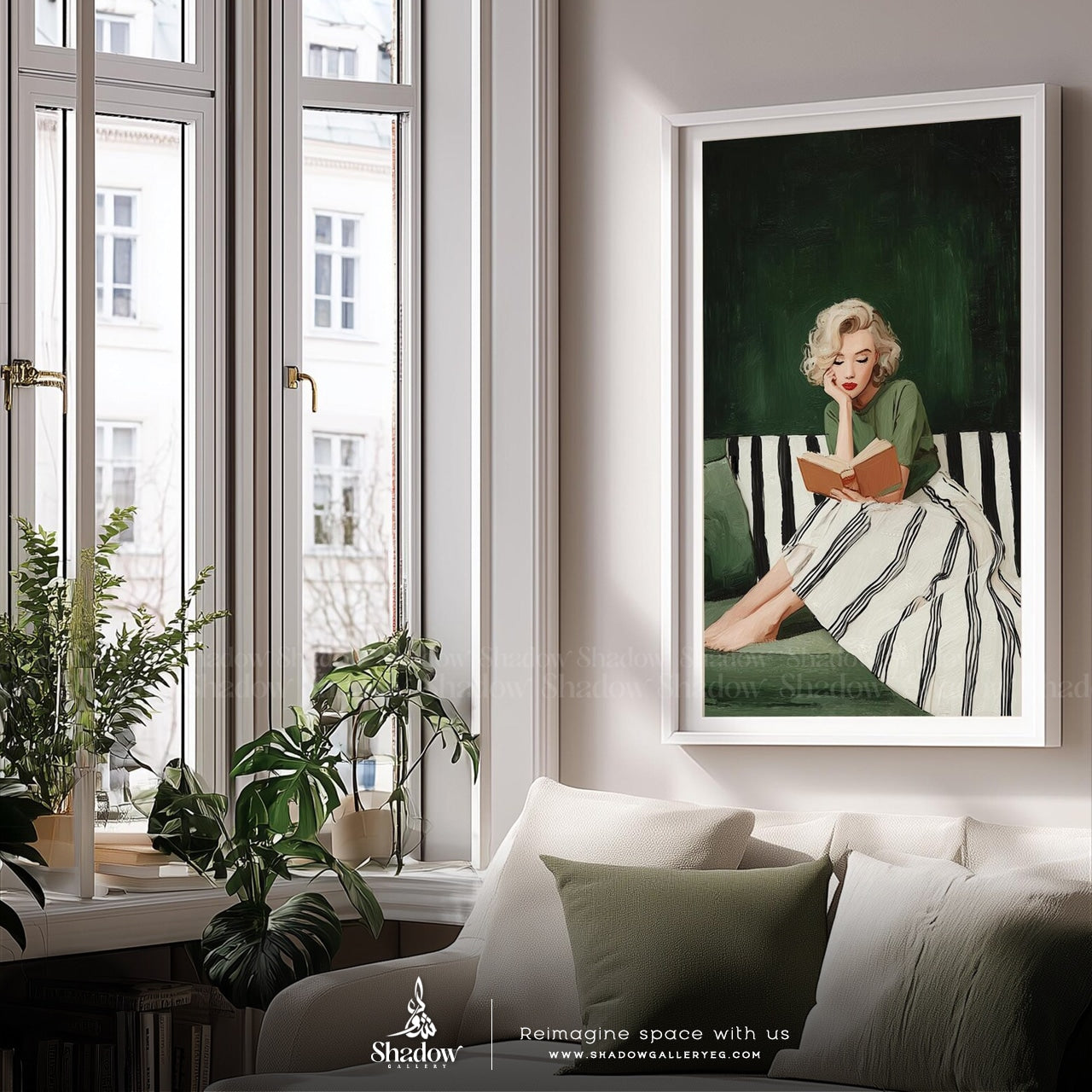 Emerald Green Woman Reading Frame Art Print – styled in a modern room setting