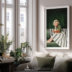 Emerald Green Woman Reading Frame Art Print – styled in a modern room setting