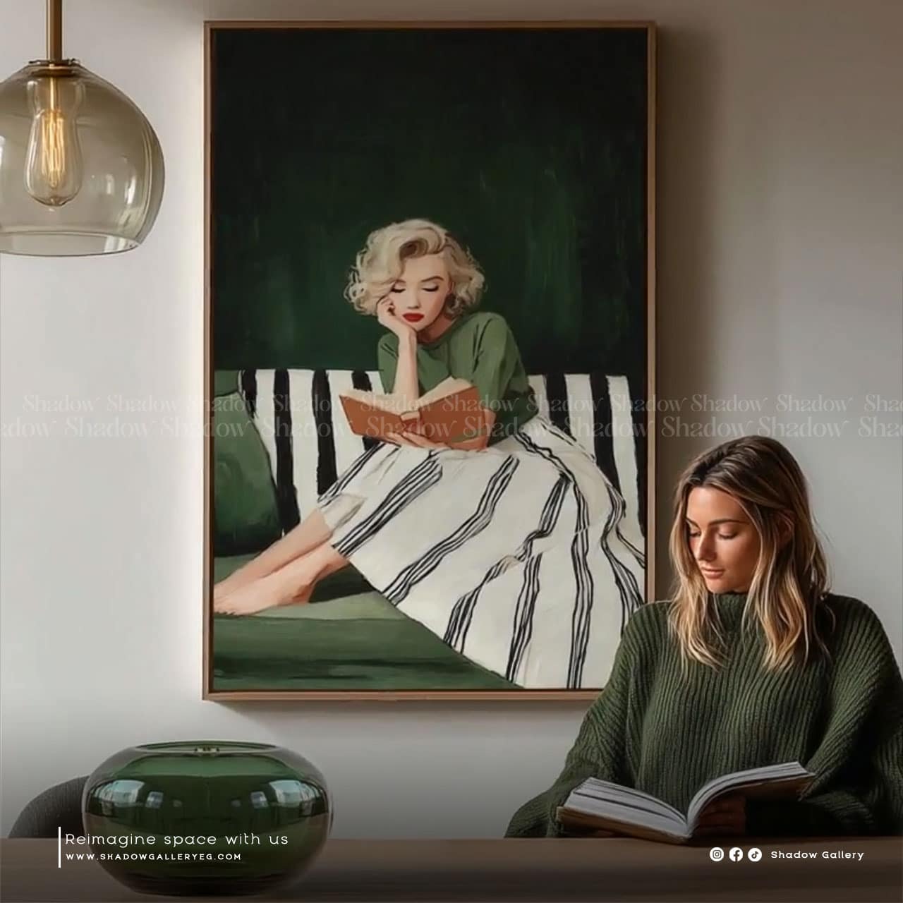 Emerald Green Woman Reading Frame Art Print – premium framed canvas wall art