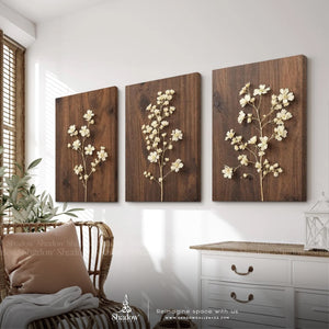 Minimalist Botanical Wall Art | Neutral Floral Prints Set of 3 – close-up detail of frame and canvas texture