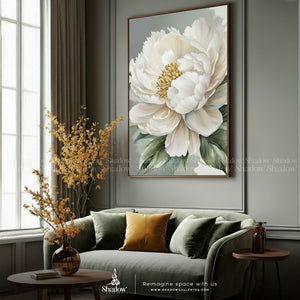 White Peony Flower Watercolor Print – styled in a modern room setting