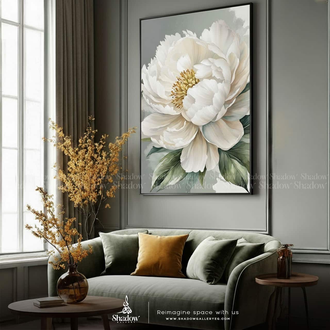 White Peony Flower Watercolor Print – styled in a modern room setting