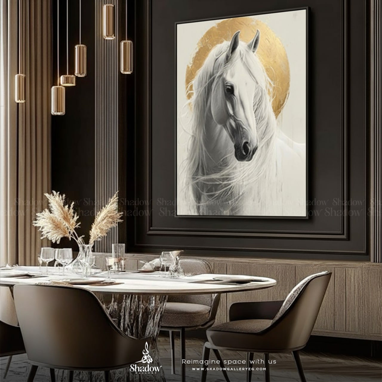 White Horse with Golden Halo Circle, – premium framed canvas wall art