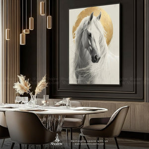White Horse with Golden Halo Circle, – premium framed canvas wall art