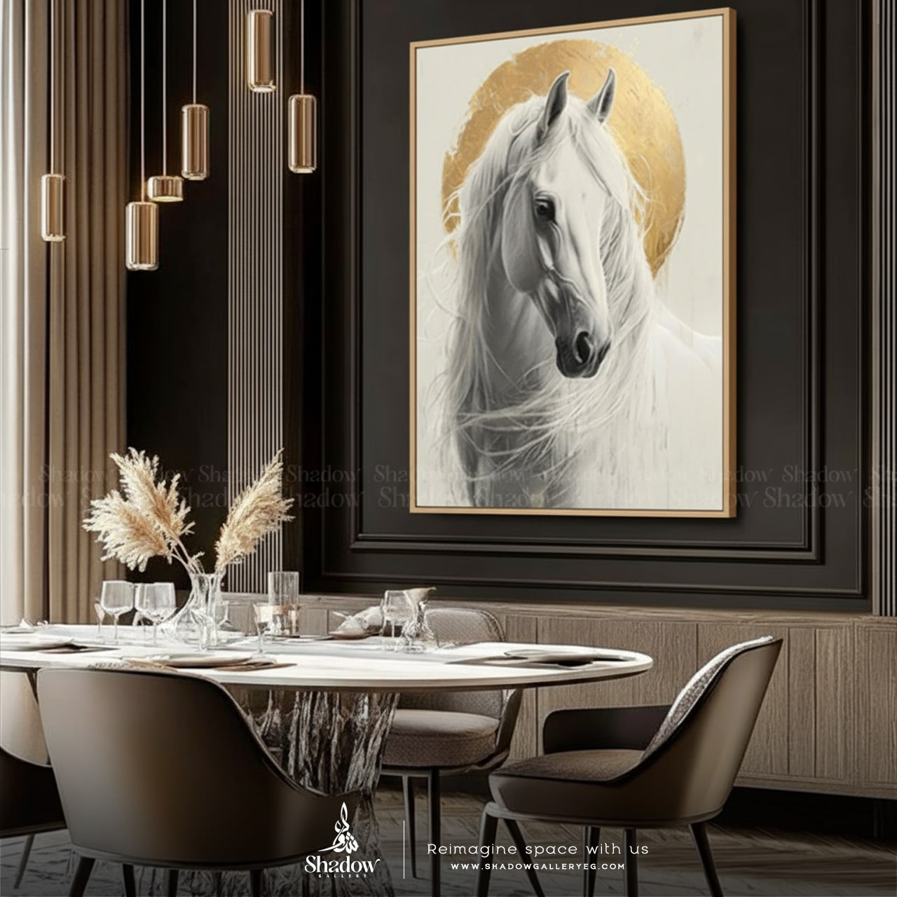 White Horse with Golden Halo Circle, – close-up detail of frame and canvas texture