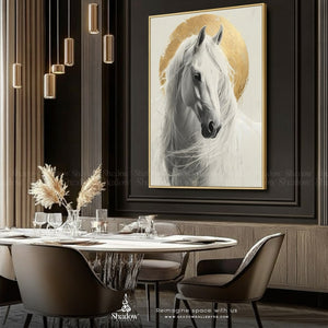 White Horse with Golden Halo Circle, – styled in a modern room setting