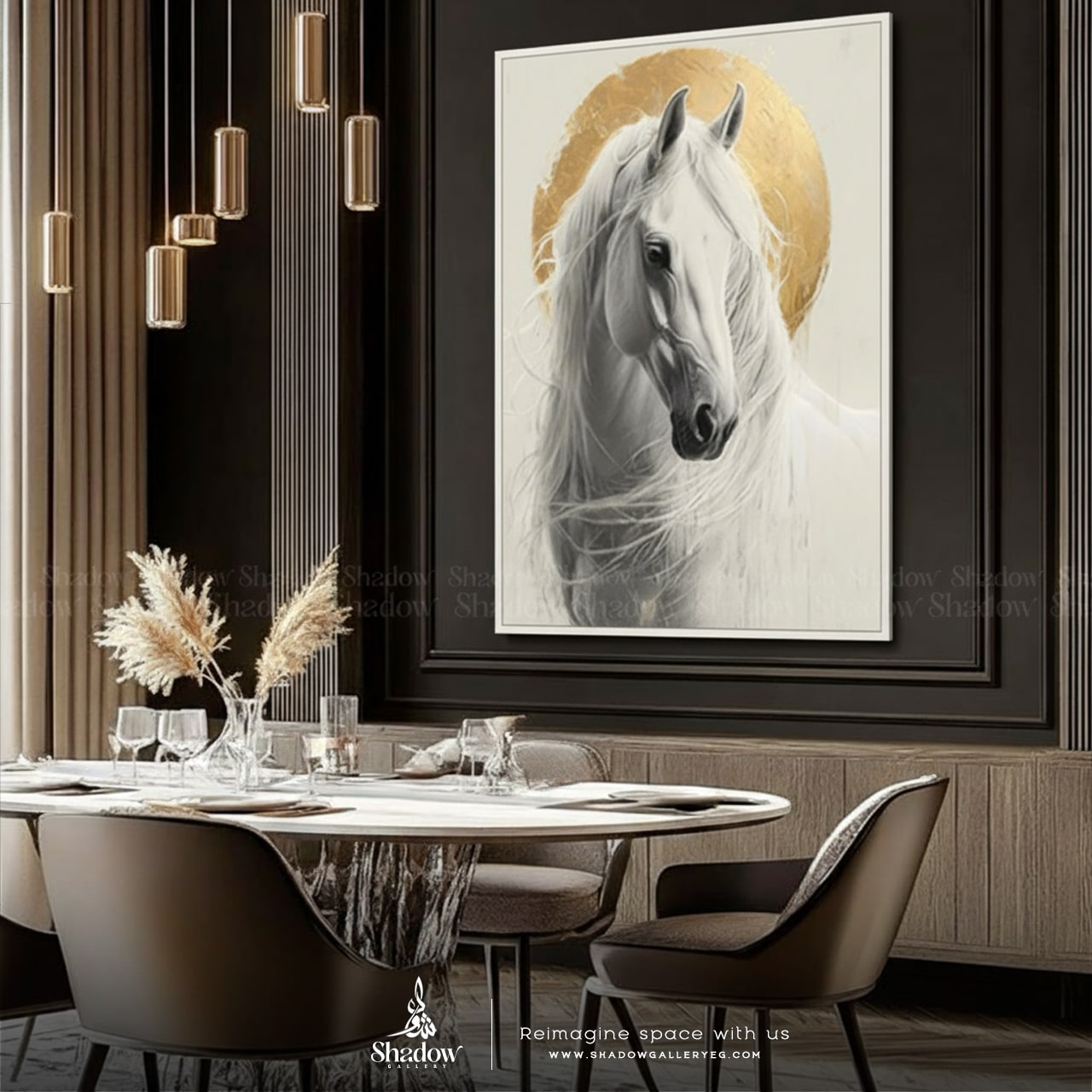 White Horse with Golden Halo Circle, – styled in a modern room setting