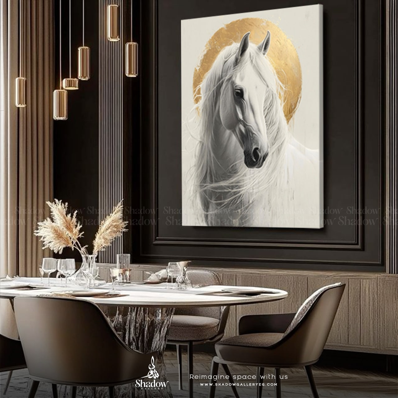 White Horse with Golden Halo Circle, – styled in a modern room setting