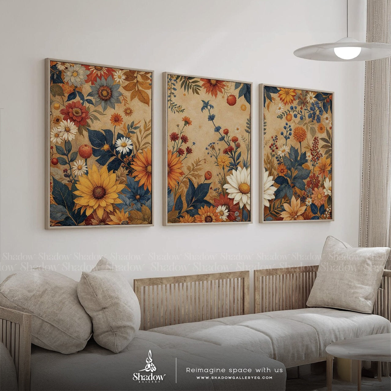 Retro Floral Triptych | Warm Earth Tone – styled in a modern room setting