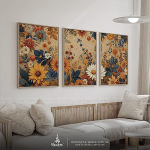 Retro Floral Triptych | Warm Earth Tone – styled in a modern room setting