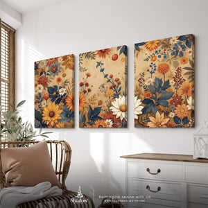 Retro Floral Triptych | Warm Earth Tone – premium framed canvas wall art