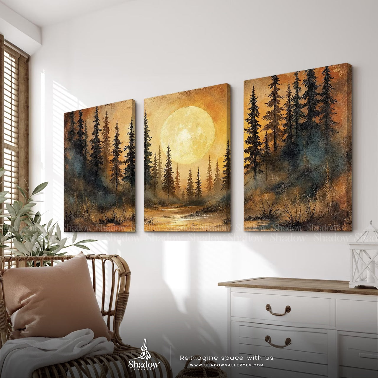 Forest Moonlight Wall Art Set of 3 – close-up detail of frame and canvas texture