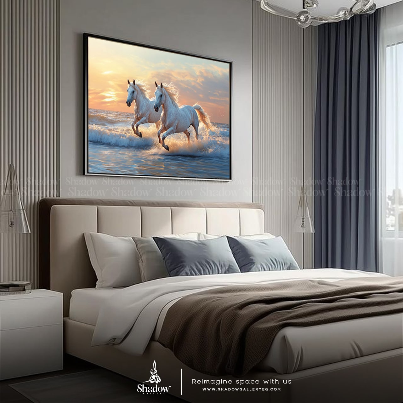 Duo WHITE HORSES on the Beach Wall Frame – premium framed canvas wall art