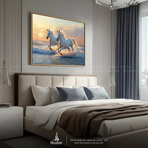 Duo WHITE HORSES on the Beach Wall Frame – styled in a modern room setting