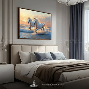 Duo WHITE HORSES on the Beach Wall Frame – styled in a modern room setting
