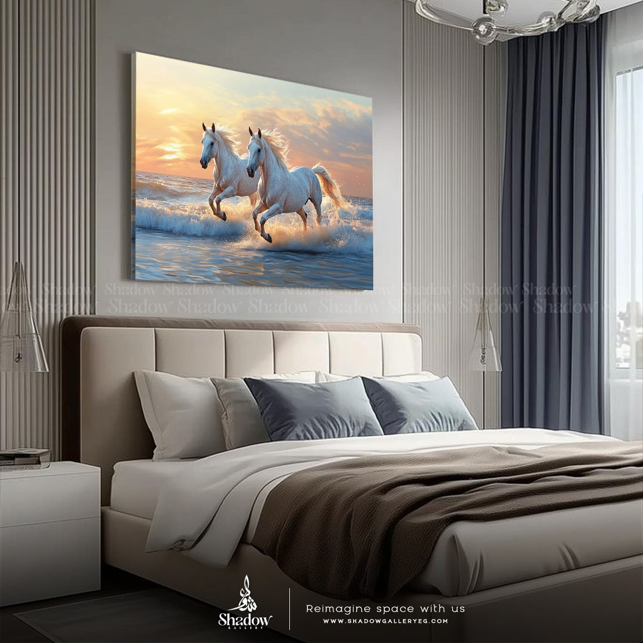 Duo WHITE HORSES on the Beach Wall Frame – close-up detail of frame and canvas texture