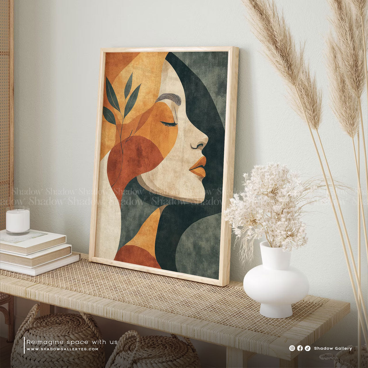 Boho Art Woman Face Wall Art – styled in a modern room setting