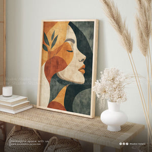 Boho Art Woman Face Wall Art – styled in a modern room setting