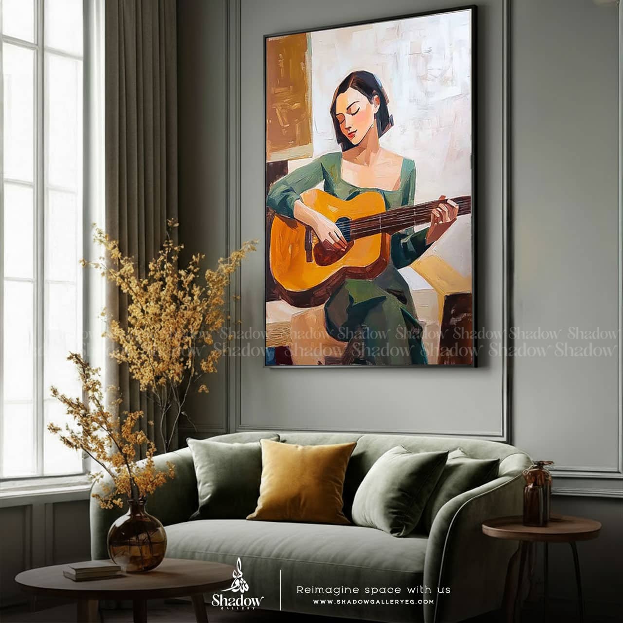 Original Girl Playing Guitar Wall Art Portrait – styled in a modern room setting