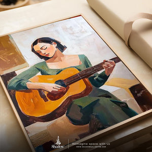 Original Girl Playing Guitar Wall Art Portrait – close-up detail of frame and canvas texture